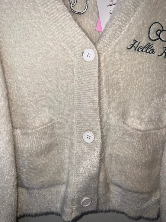 Hello Kitty Bow Sleeve Fuzzy Cardigan Cream Sanrio S/M NWT - Picture 5 of 13